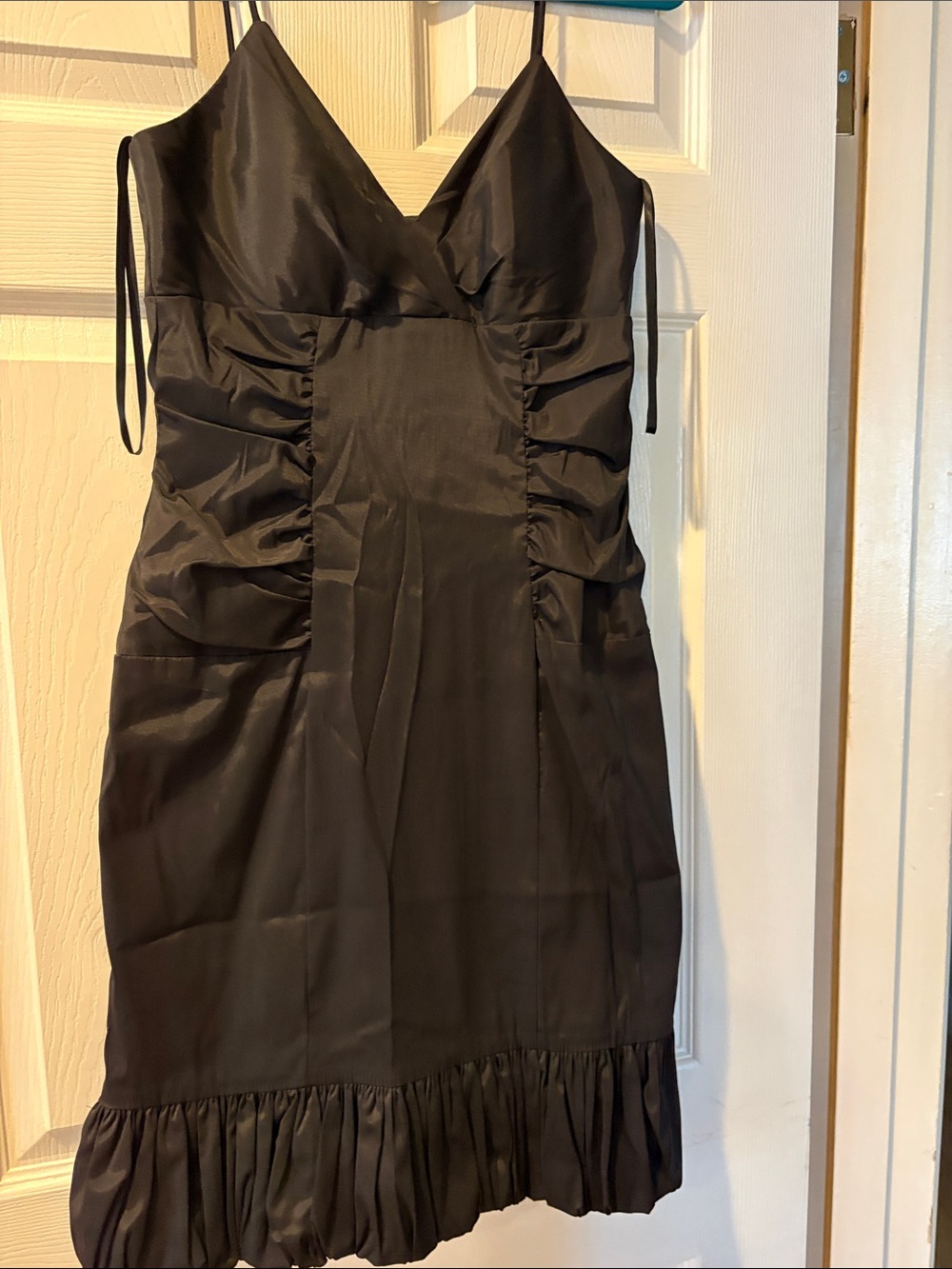 Betsy & Adam Black Satin Mini Dress with Ruffled Hem